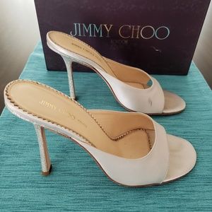JIMMY CHOO Silver Glitter / Satin Mules - Size 40